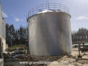 The corn enters the hopper bottom silo through the bucket elevator