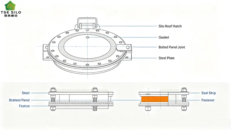 Close-up of silo roof hatch with gasket, and a cross-section of a bolted panel joint Close-up of silo roof hatch with gasket, and a cross-section of a bolted panel joint