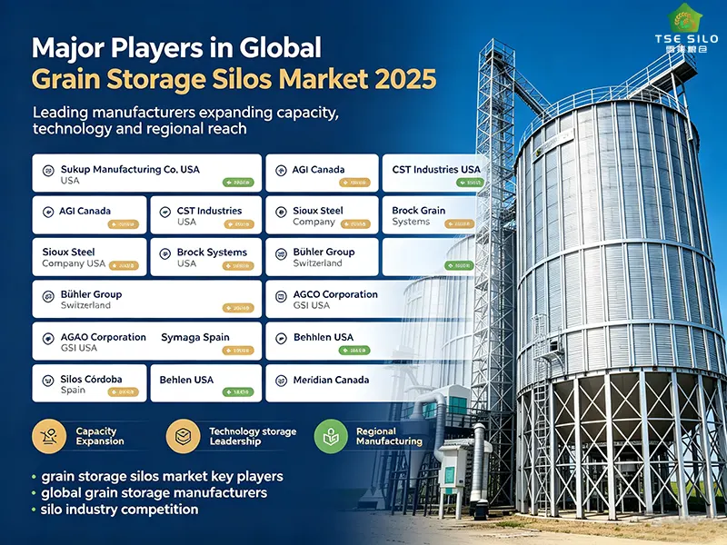 Major players in global grain storage silos market Sukup AGI CST Industries Bühler Symaga and regional manufacturers Major players in global grain storage silos market Sukup AGI CST Industries Bühler Symaga and regional manufacturers