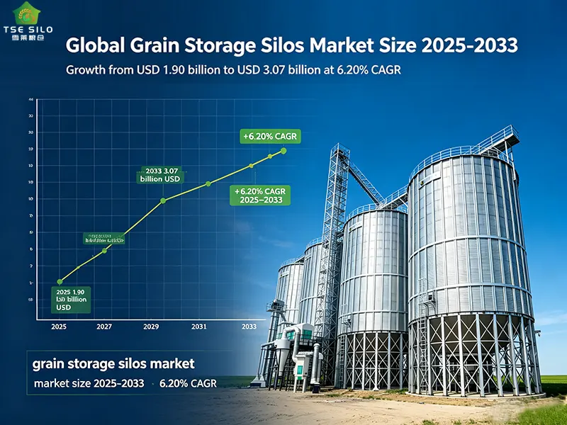 Global grain storage silos market size chart 2025 to 2033 showing growth from 1.90 billion to 3.07 billion USD at 6.20 percent CAGR Global grain storage silos market size chart 2025 to 2033 showing growth from 1.90 billion to 3.07 billion USD at 6.20 percent CAGR