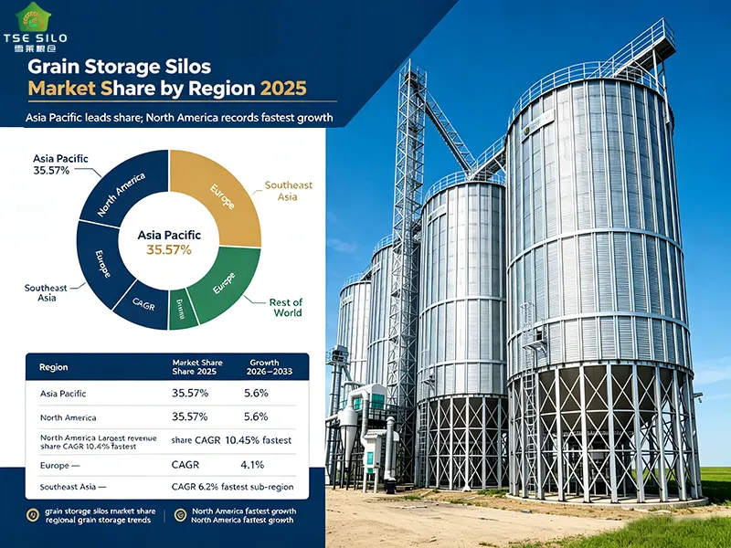 Grain storage silos market share by region 2025 Asia Pacific 35.57 percent North America fastest growth 10.45 percent Grain storage silos market share by region 2025 Asia Pacific 35.57 percent North America fastest growth 10.45 percent