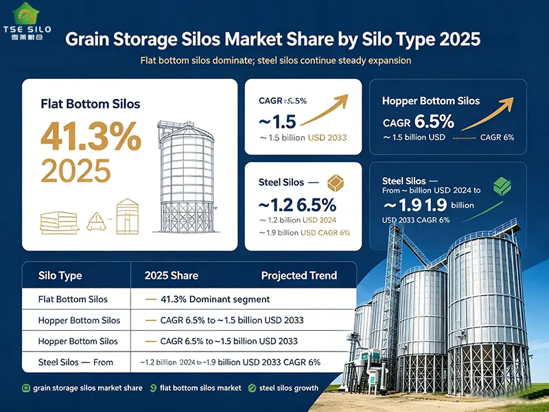 Grain storage silos market share by silo type 2025 flat bottom silos 41.3 percent dominant segment Grain storage silos market share by silo type 2025 flat bottom silos 41.3 percent dominant segment