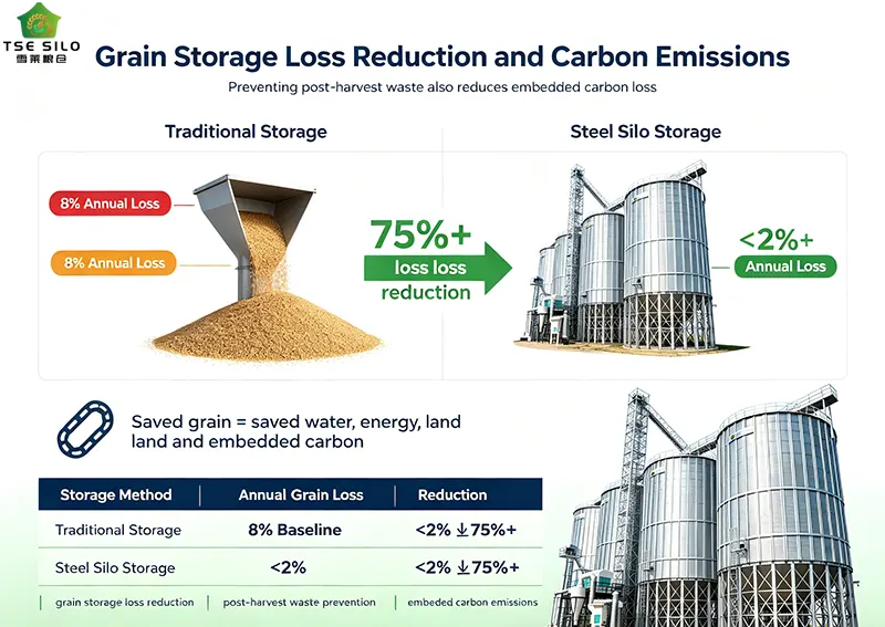 Grain storage loss reduction from 8 percent to under 2 percent with steel silos preventing post-harvest waste and reducing embedded carbon emissions Grain storage loss reduction from 8 percent to under 2 percent with steel silos preventing post-harvest waste and reducing embedded carbon emissions