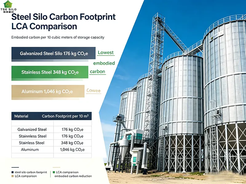 Life cycle assessment carbon footprint comparison galvanized steel silo 176 kg CO2e vs aluminum 1046 kg CO2e vs stainless steel 348 kg CO2e per 10 cubic meters Life cycle assessment carbon footprint comparison galvanized steel silo 176 kg CO2e vs aluminum 1046 kg CO2e vs stainless steel 348 kg CO2e per 10 cubic meters