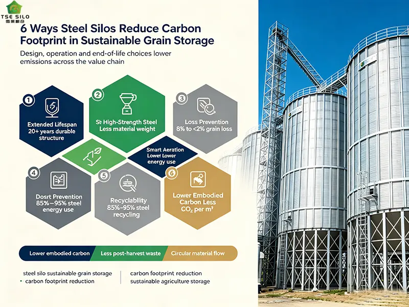 6 ways steel silos reduce carbon footprint in sustainable grain storage including extended lifespan high-strength steel loss prevention smart aeration recyclability and lower embodied carbon 6 ways steel silos reduce carbon footprint in sustainable grain storage including extended lifespan high-strength steel loss prevention smart aeration recyclability and lower embodied carbon