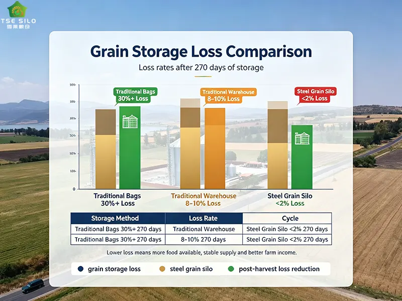 Bar chart comparing grain storage loss rates traditional bags 30 percent vs steel grain silo under 2 percent after 270 days Bar chart comparing grain storage loss rates traditional bags 30 percent vs steel grain silo under 2 percent after 270 days