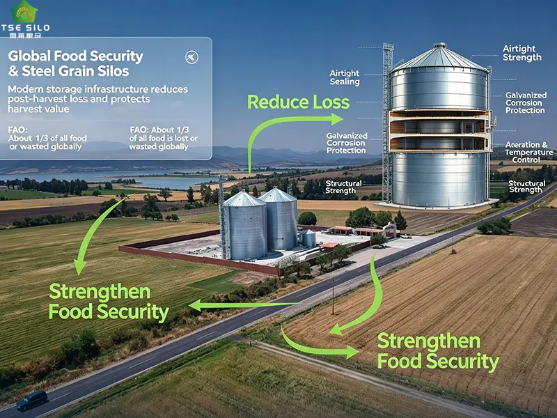Steel grain silo infographic showing how modern storage infrastructure reduces post-harvest losses and strengthens global food security Steel grain silo infographic showing how modern storage infrastructure reduces post-harvest losses and strengthens global food security