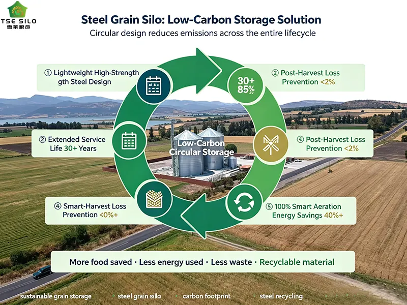 Circular economy diagram showing steel grain silo sustainability benefits including lightweight design extended lifespan loss prevention energy savings and 85 percent steel recycling Circular economy diagram showing steel grain silo sustainability benefits including lightweight design extended lifespan loss prevention energy savings and 85 percent steel recycling