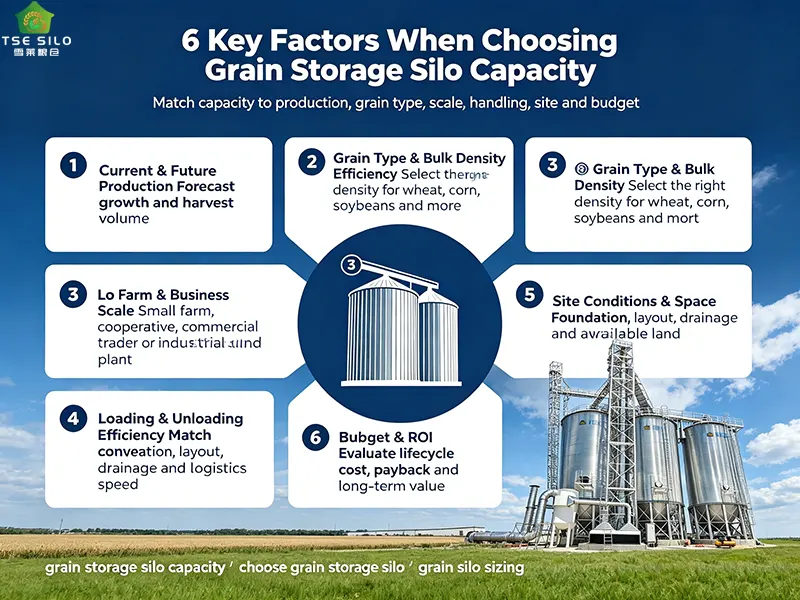 Infographic showing 6 key factors for choosing grain storage silo capacity including production volume grain bulk density farm scale handling efficiency site conditions and budget Infographic showing 6 key factors for choosing grain storage silo capacity including production volume grain bulk density farm scale handling efficiency site conditions and budget