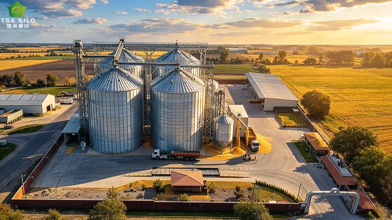 Large steel grain silos on a modern farm with trucks and conveyors