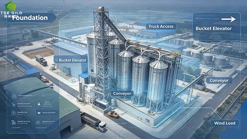 Steel grain silo capacity and site layout with conveyors and foundation Steel grain silo capacity and site layout with conveyors and foundation
