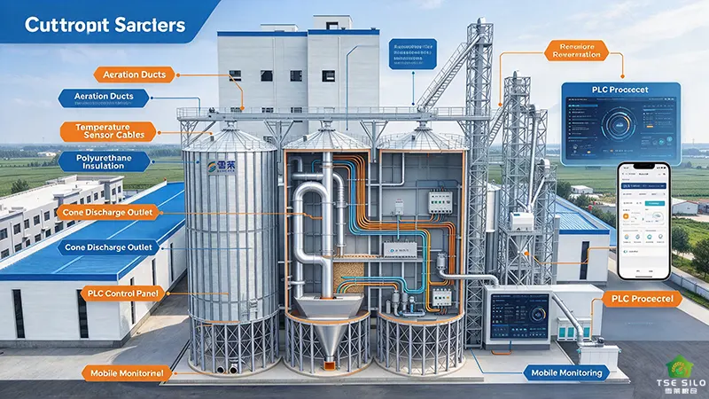 Steel grain silo cross-section with aeration, temperature sensors, insulation and automated discharge system Steel grain silo cross-section with aeration, temperature sensors, insulation and automated discharge system